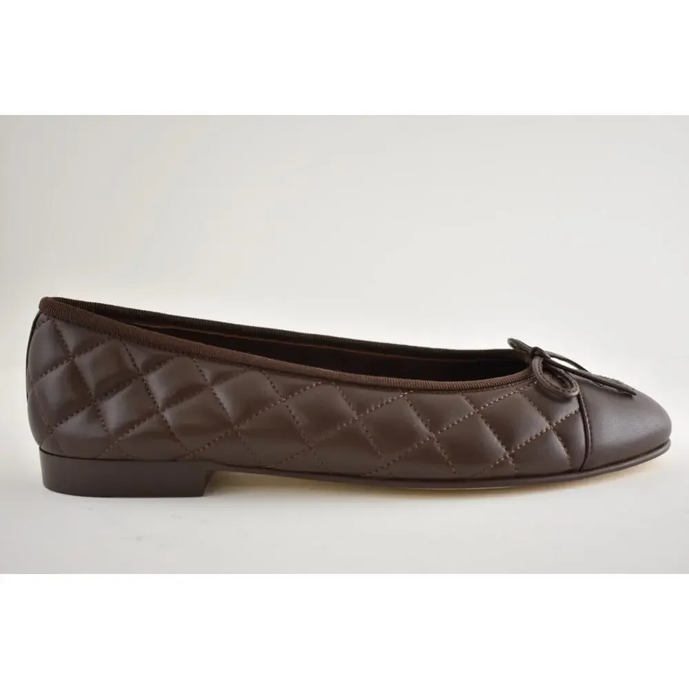 Chanel 26B Chocolate Dark Brown Lambskin Quilted CC Ballet Ballerina Flat 40